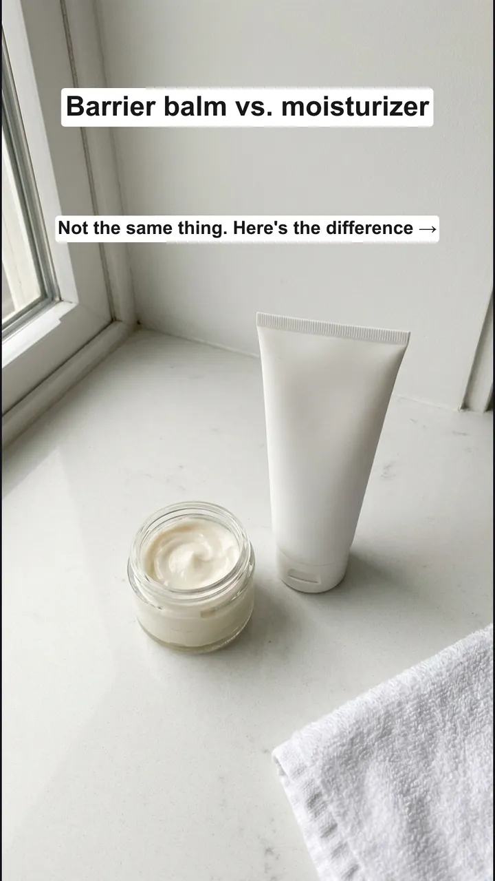 Hook slide: Barrier balm vs. moisturizer, over two unlabeled containers on a counter.